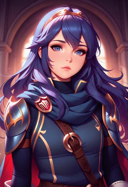 masterpiece, best quality, amazing quality, very aesthetic, flat colors, (artist:Tsuaii:1),
1girl, close up portrait, eye focus, dfLuc, long hair, tiara, cape, shoulder armor, blue tunic, long sleeves, cuffs, blue scarf, fingerless gloves, belt, pants, thigh boots 1girl, looking at viewer
