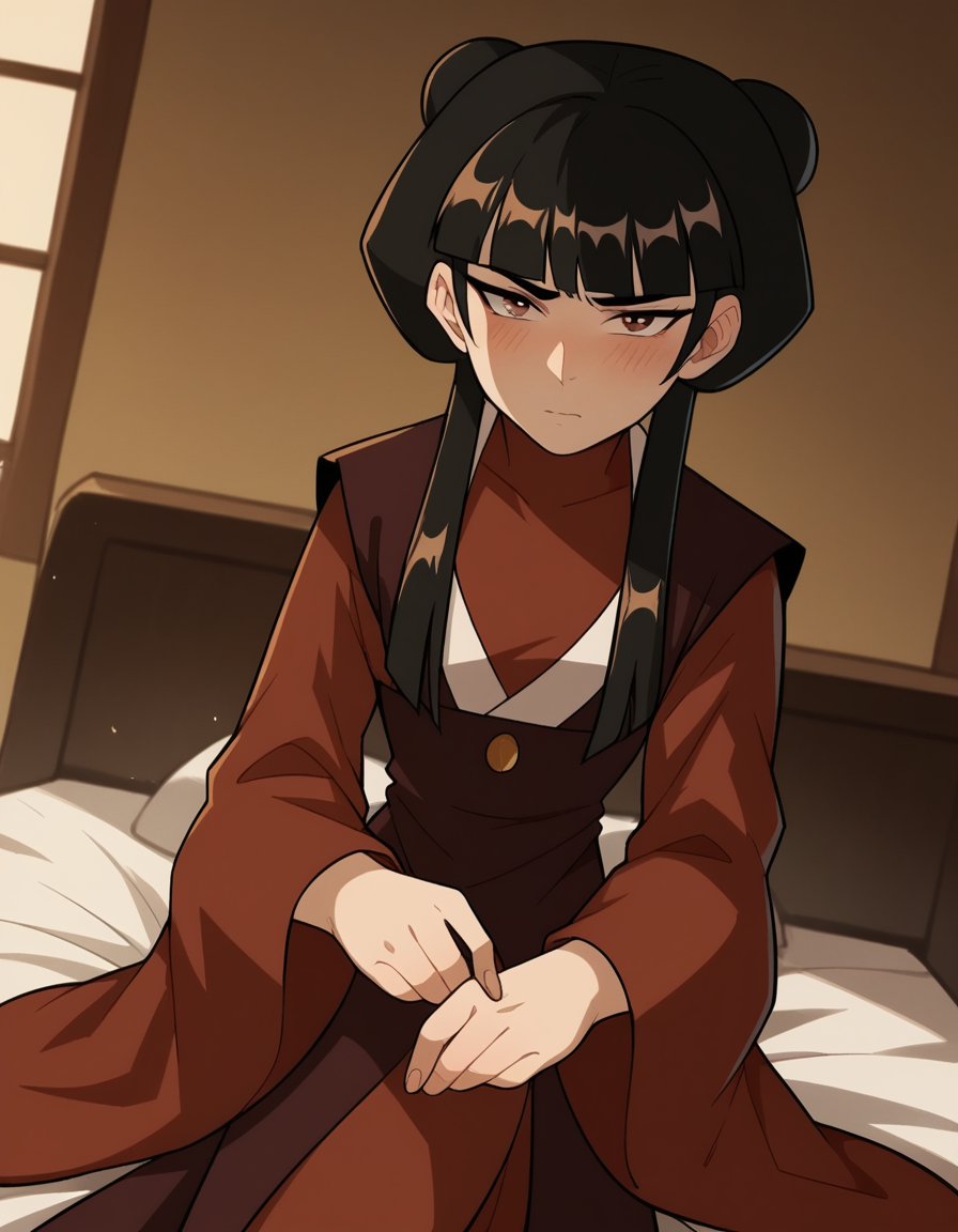 score_9, score_8_up, score_7_up, source_anime, <lora:mai-book2-ponyxl-lora-nochekaiser:1>, mai, sidelocks, long hair, black hair, lunt bangs, hair bun, double bun,, chinese clothes, turtleneck, long sleeves, wide sleeves,, indoors, bed, bed room, on side, blush, drunk, looking at viewer, solo, cowboy shot, dutch angle