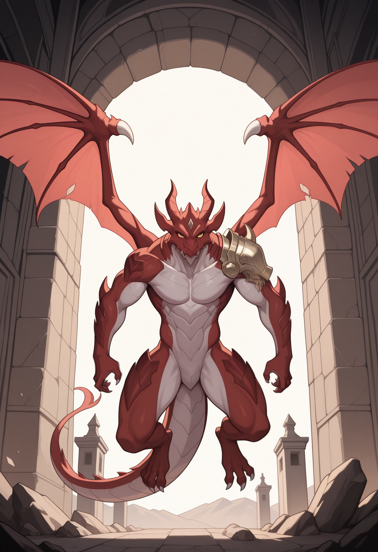 masterpiece,best quality,amazing quality, 1boy, solo, Dumj1d, dragon, red skin, colored sclera, no pupils, dragon wings, single pauldron, full body,