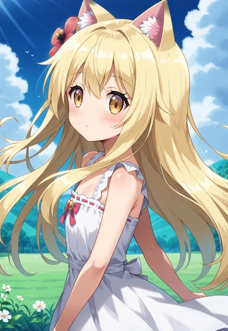 safe_pos, 1 girl, flat chested, no bust, score 9, score 8 high, cute, kawaii, blushing, blonde hair (pink ombre), long hair, bright golden eyes, aesthetic, uwu, shy, pastel colors, hair flower, cat ears, dynamic angle, , side view,
, Side view , bright sunlight, strong overexposure, white dress, looking at the sky. Clear sky, strong light reflection in eyes, overexposure from sunlight, running her hand through her hair, outdoor, field, hair blowing in the wind