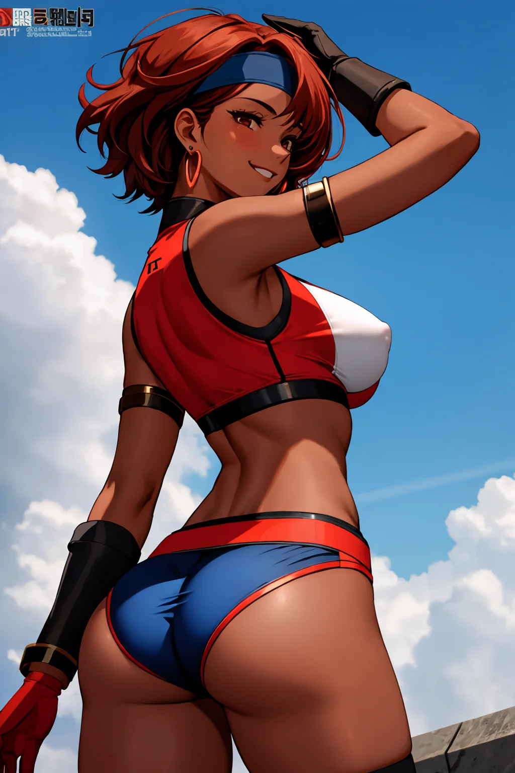 Masterpiece, absurdres,HDR,8k,excited,best quality,
edgDPkei_woman,kei, 1girl, solo, breasts, looking at viewer, smile, short hair, large breasts, gloves, brown eyes, jewelry, ass, red hair, earrings, sky, shorts, midriff, looking back, dark skin, from behind, bracelet, covered nipples, dark-skinned female, crop top, headband, cameltoe, armlet, single glove ,wearing edgDPkei<lora:edgDPkei:0.775>