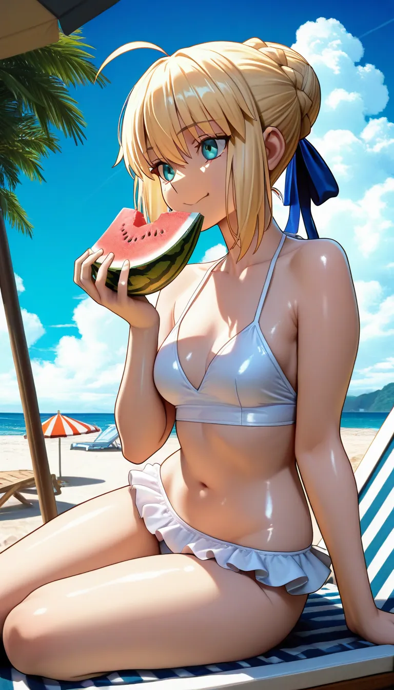 (masterpiece, best quality), amazing quality, very aesthetic, absurdres, highres, ultra detailed, best anatomy, 2024, newest, HDR, 8K, high detail RAW color art, high contrast, large pupil, eyelashes, shiny skin, detailed background, anime-reference, anime coloring,
1girl, artoria pendragon, artoria pendragon \(fate\), saber, blonde hair, green eyes, ahoge, sidelocks, hair bun, single hair bun, braid, white bikini swimsuit, frilled swimsuitt, outdoors, beach, beach side, beach parasol, beach chair, blue sky, cloud, side way, watermelon, Eating Scene, happy, smile,