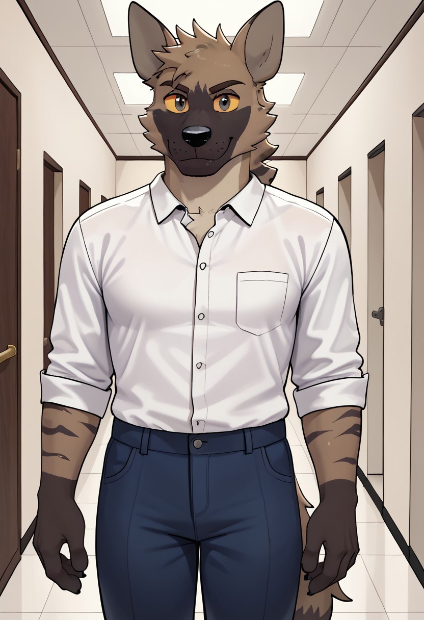 score_9, score_8_up, score_7_up, solo, 1boy, (Redlinevn), hyena, yellow sclera, (dark grey eyes), white dress shirt, blue pants, cocky smirk, look at viewer, indoors, hallway background, hi res, 4k res, body movement, pupils shown, detailed eyes, eyes focus, perfect eyes, perfect face, best artwork, highly detailed