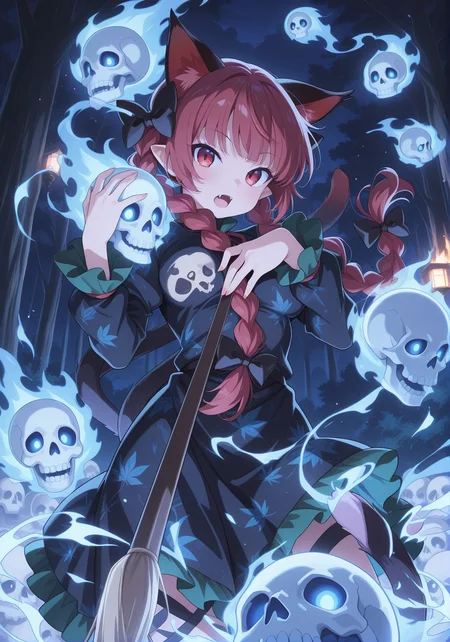 absurdres, highres, masterpiece, best quality, amazing quality, official anime artwork, screencap, anime screencap, outdoors, dark, night,
<lora:Kaenbyou-Rin_Illustrious:1> kaenbyou rin, 1girl, solo, cat girl, red eyes, red hair, twin braids, fangs, animal ears, cat tail, two tails, medium breasts,, hair bow, black bow, black dress, long sleeves, puffy sleeves, ribbon, leg ribbon, print dress, leaf print,
looking at viewer, open mouth, blue flaming skull, floating skull, souls, light particles,