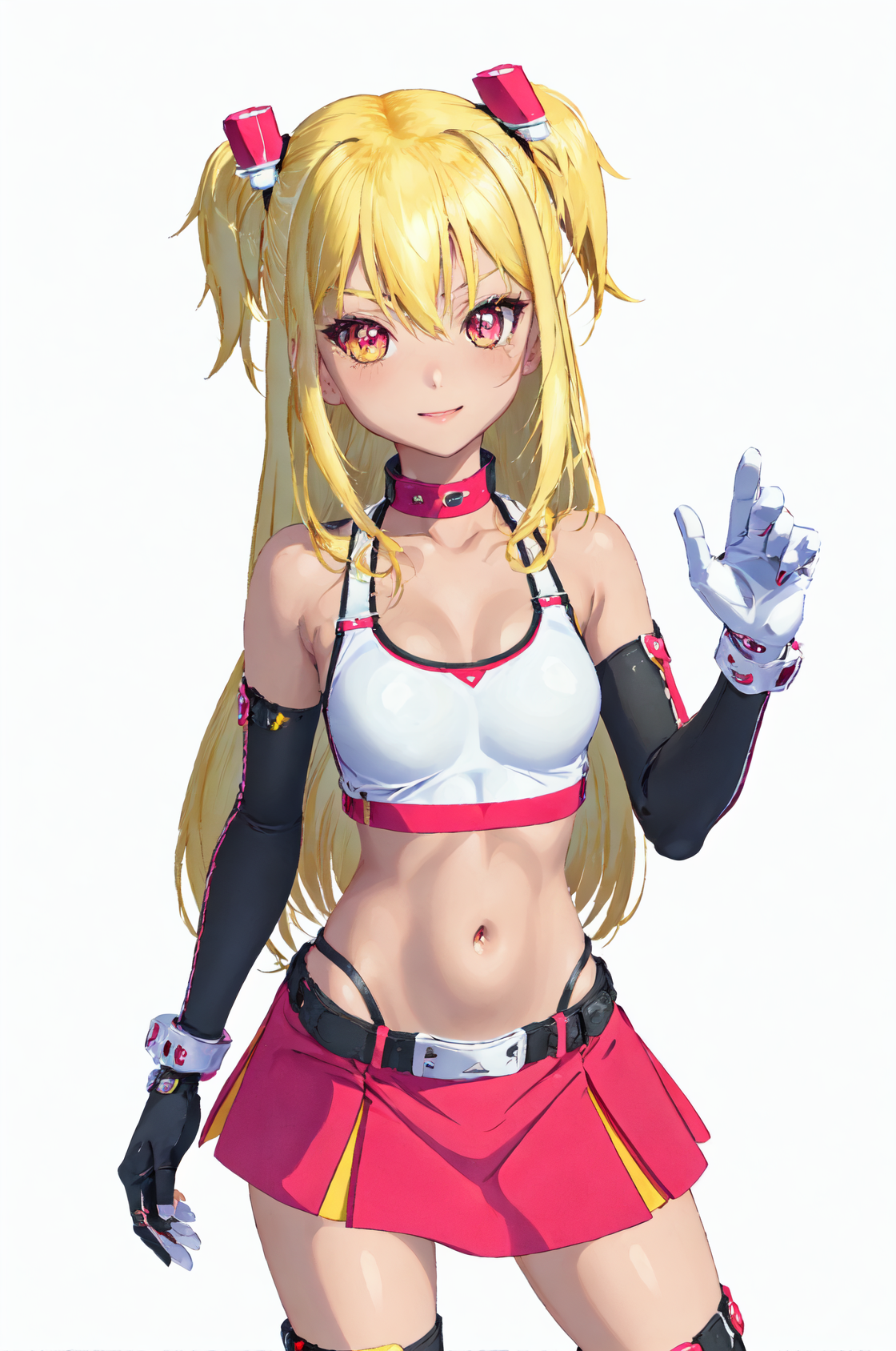 spikaPangya, long hair, blonde hair, +_+, symbol-shaped pupils, multicolored eyes, yellow eye,
1girl,
starySet, thighhighs, hair ornament, bare shoulders, thigh boots, star print, belt, miniskirt, crop top, midriff, gloves,
looking at viewer,
standing,
upper body,
smile,
((white background)),
<lora:spikaPangyaV1.41-000006:0.84>