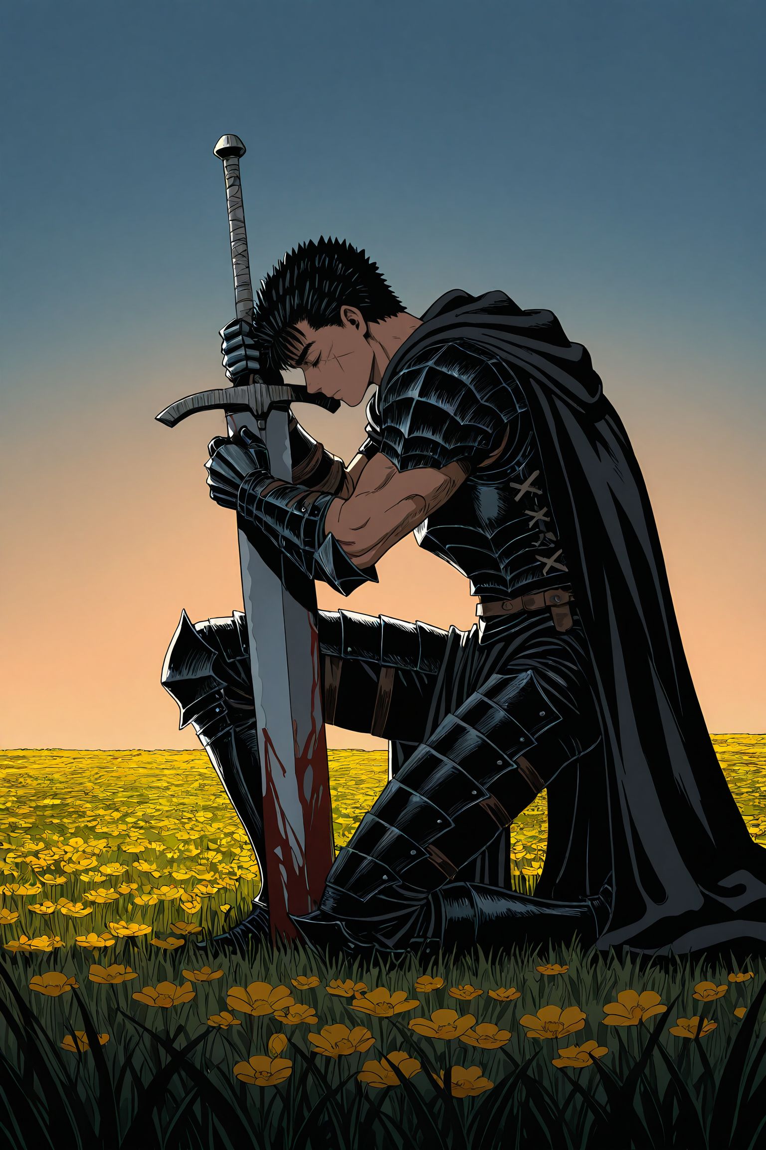 1boy, guts \(berserk\), warrior, muscular, short hair, black hair, spiked hair, scar on face, closed eyes, medieval armor, black armor, shoulder armor, armored gloves, arm bracers, black cloak, dragonslayer \(sword\), sword wrapped in cloth, blood on weapon, 
kneeling pose, on one knee, resting on sword, planted sword, solemn expression, contemplative, dramatic lighting, 
flower field, peaceful, morning sky, soft grass, nature, high contrast, hand drawn, colored lineart, soft shadows, warm tone lighting,
side view, from side, 
masterpiece, best quality, absurdres, very aesthetic, highres, very awa, anime coloring