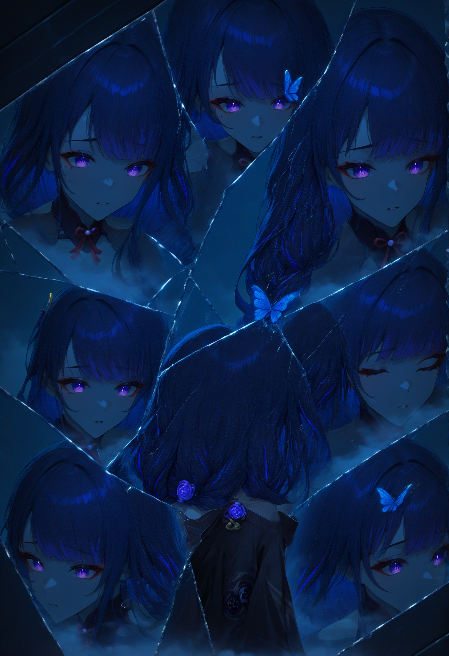 masterpiece, best quality, newest, absurdres, highres,  <lora:Detailer_NoobAI_Incrs_v1:1.6>, detailed, motiontrail, afterimage, motion trail, motion lines, motion blur, abstract, monochrome, spot color, blue and black theme, dark, sad, parted lips, floating hair, black kimono, bare shoulder, gothic, black rose, thistles and thorns, flora, black and thick liquid, fog, blue butterfly, underlighting, strong visual impact, film lighting, raiden shogun, butterfly on hand, multiple views, different reflection,(glass, breaking, shatter:1.2), reflection,