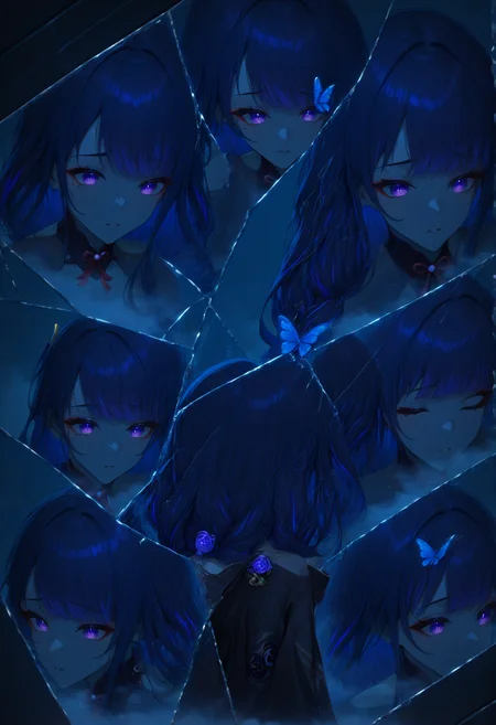 masterpiece, best quality, newest, absurdres, highres, <lora:Detailer_NoobAI_Incrs_v1:1.6>, detailed, motiontrail, afterimage, motion trail, motion lines, motion blur, abstract, monochrome, spot color, blue and black theme, dark, sad, parted lips, floating hair, black kimono, bare shoulder, gothic, black rose, thistles and thorns, flora, black and thick liquid, fog, blue butterfly, underlighting, strong visual impact, film lighting, raiden shogun, butterfly on hand, multiple views, different reflection,(glass, breaking, shatter:1.2), reflection,