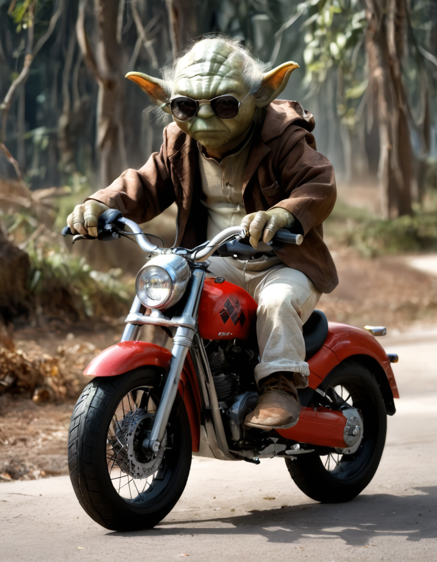<lora:yoda_pony:1>,yoda,wearing sunglasses,dressed like a biker, riding an harley davidson