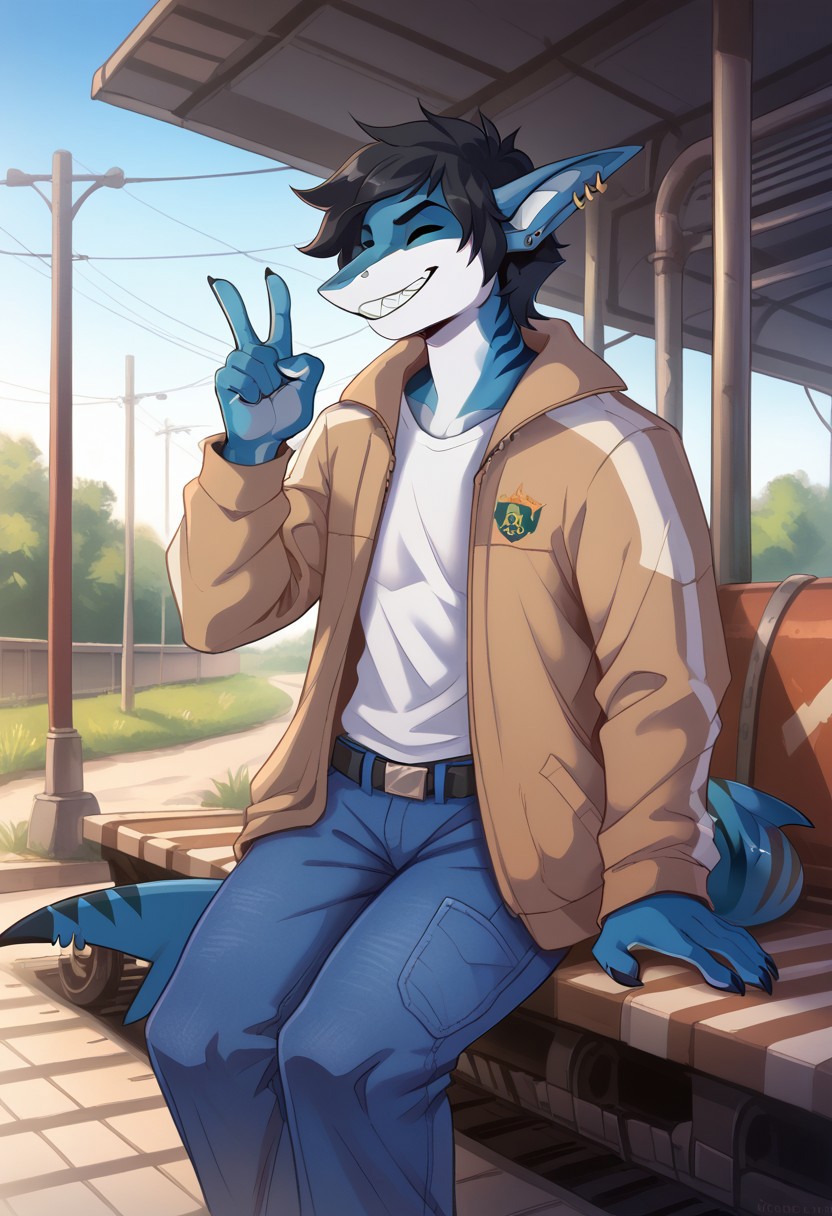 <lora:Scappo_Style_v2_PonyXL:0.8> by scappo, scappo,  score_9, score_8_up, score_7_up,1boy, solo, lunarsunxl,  anthro shark,dark blue skin, stripes on the body, short hair,lush hair,black hair, green eyes, shark tail, ear piercing, BREAK, light jacket, blue jeans, looks at the viewer, smiles broadly, shark teeth, closed eyes, happy face, Hand gesture bye, background railway peron, railway station,