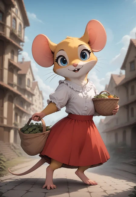 score_9, score_8_up, score_7_up, score_6_up, score_5_up, score_4_up, dynamic pose, action pose, interesting perspective, interesting angle,
((((mouse))), cute, feral, yellow fur, blue eyes, white frilly shirt, red skirt ), cottage, front view, side view, looking at viewer, standing, gesturing, holding basket, holding bag, cheerful, (open mouth:0.4), (blue sky, clouds),