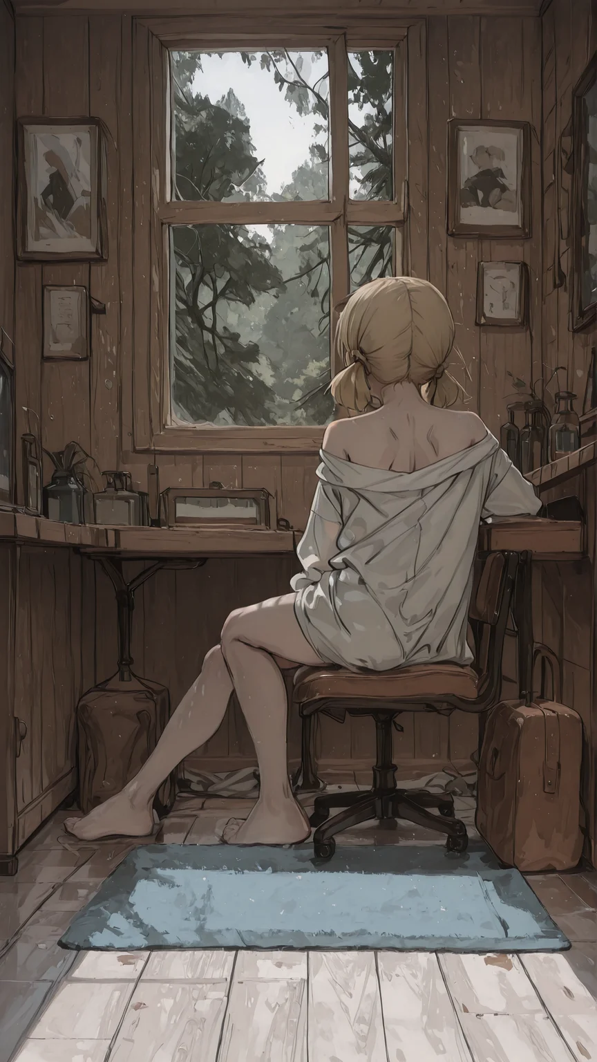 masterpiece, newest,absurdres,incredibly absurdres, best quality, amazing quality, very aesthetic, simple white background,
1woman, large window, nature, room, wodden floor, blue rug, wooden wall, notice, painting, sitting on a wodden chair, oversized shirt, off shoulder, leaning over desk, blonde, french braided twintails,
<lora:YB_IL:1> yb <lora:S4bit4mago:1> S4bit4mago_illu, <lora:re4lity:1> re4lity_sync_illu