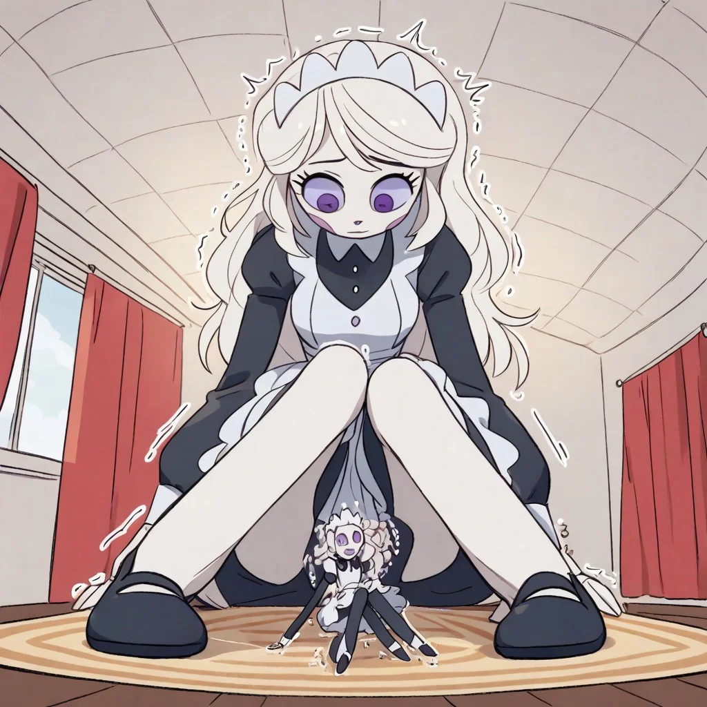 Score_9_up, score_8_up, score_7_up, 1girl, emmytr, purple eyes, solo, robot, white hair, long hair, black and white maid uniform, maid headdress, cute, black shoes,
head touching ceiling, looking down at the viewer, facing viewer, front view, face focus, low angle, sitting on the floor, hunched over, body pressed against ceiling, giantess inside room, growing too big, growing very large, huge woman, large woman, massive growth spurt, uncontrolled growth, size difference, growth, back to wall,
indoors, fancy room, dark floor, knocked over couch, window with red curtains,
<lora:minigts:1> mesogts, minigts, <lora:cramped_growth:1> growth, very cramped, low ceiling, (head touching ceiling), trembling, motion lines, small people wearing black suits in the foreground,