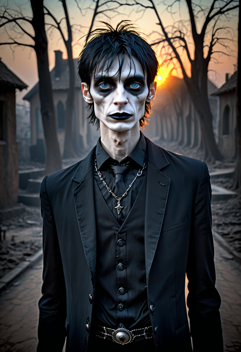 positiv Clip L:
 an award-winning, photo, of a skinny Gothic man, 
positiv Clip G:
 an award-winning, photo, of a skinny Gothic man, that captivates the viewer. natural dark blue eyes exude depth and penetration. sunset in the background,