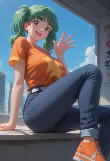 score_9, score_8_up, score_7_up, rating_explicit,1 girl, alone, cute, (voluptuous:1.2), PMDuplica, 1girl, solo, brown eyes, green hair, bangs, twintails, hair tie, thick eyebrows, short sleeves, t-shirt, orange shirt, star print, belt, jeans, orange footwear, sitting, looking at viewer, smile, open mouth, waving arms, BREAK, cityscape, blue sky, sunlight,