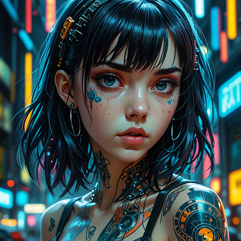 manga style, hyper-detailed portrait of a full-length girl, cyberpunk, (Mindful Machine Art style, Anna Dittmann, jim mahfood, Tim Burton), geometric tattoos, bright colors, shine, reflections, very high contrast, side lighting, light dark, straight black hair, medium long hair, bangs, piercing, blue tones, gloomy atmosphere, shadows on the face, background with neon structures, hyper-realistic, 3D rendering, 4K