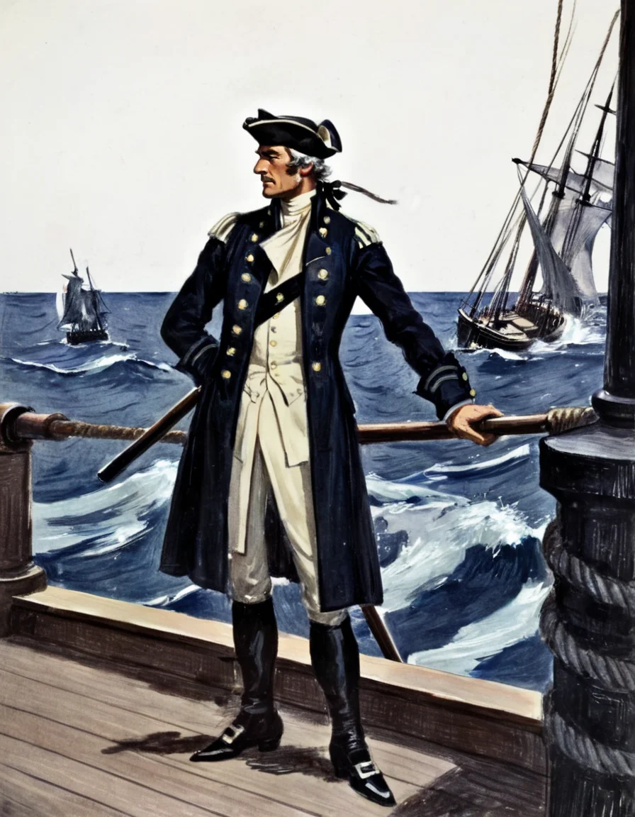 a NPrice illustration depicting an eye-level drawing shows a captain on the deck of a boat, as well as other crew members and a body of flowing water. The captain is to the left, near the forefront. He stands sideways, facing left. A spyglass is to his eye, as he intently looks through it. He wears a three-pointed hat, a long, double-breast coat, long pants, and shoes with buckles. The man has very short hair near the sides and back, and his face is turned towards the left. A sword hangs from his left side. The railing is horizontal and in front of the captain. Wooden ropes are behind the railing, as well as a crew member. The crew member can be seen from the waist up. In the background, boats can seemingly be seen on the horizon. Ropes and masts can be seen. Scene set in the 18th Century <lora:NPrice1-000006:1>