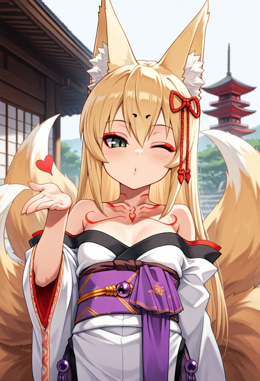 1girl, Tamamo, blonde hair, long hair, hair accessory, fox girl, fox tail, fox ears, green eyes, red eyeliner, small breasts, petite, monster girl, slit pupils, multiple tails, red tattoo, simple background, japanese garden, pagoda, white kimono, off shoulders, sash, wink, blowing kiss, fan,
masterpiece, best quality,amazing quality, very aesthetic, absurdres, depth of field, blurry background, dark, extremely detailed face, detailed eyes, dark colors, dynamic pose,