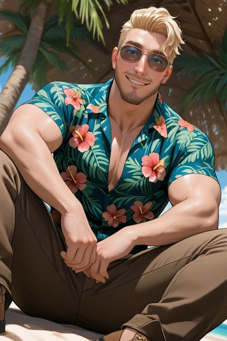 best quality, amazing quality, very aesthetic, absurdres, newest, dynamic angle, intricately detailed illustration, depth of field, masterpiece, volumetric lighting, expressive, dynamic action, masterpiece, perfect, clean detail, clean lines, smooth shading,
BREAK, tropical island, smiling, looking at viewer, casual pose,
BREAK, 1boy, male focus, solo,coralscott,blonde hair,short hair,blue eyes,facial hair, hawaiian shirt, sunglasses, brown pants, brown shoes,