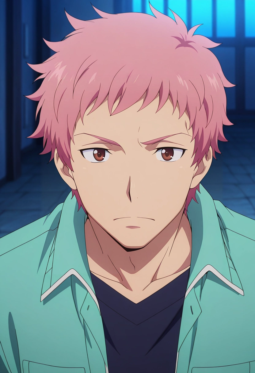 masterpiece, best quality, , anime screencap, , , , 1boy, solo, male focus, <lora:renzou_shima_ilxl:0.92>, renzou_shima, pink hair, brown eyes, short hair, , , scally cap