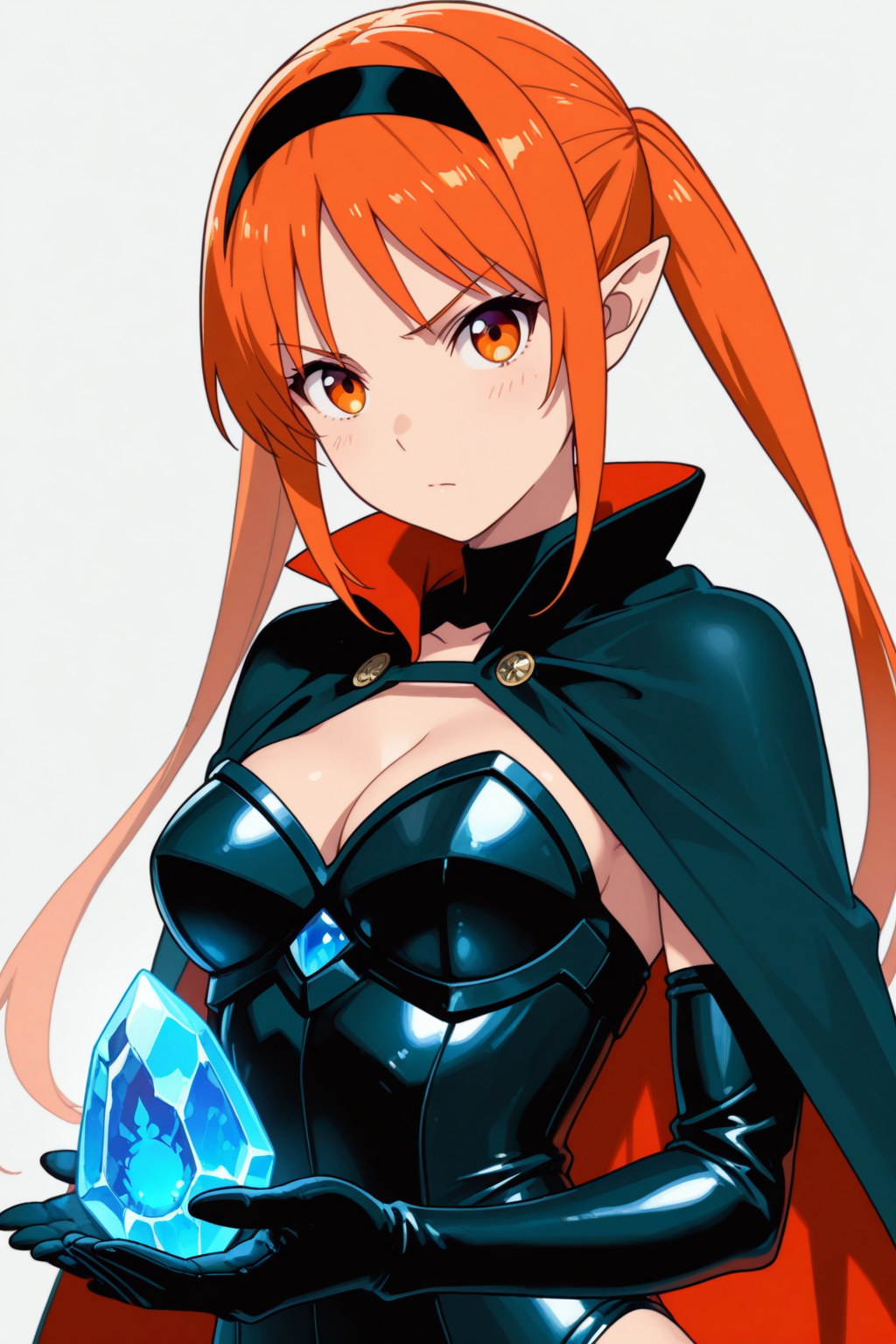 1girl, <lora:Yoshiko_Hanabatake:1>, YoshikoDS, masterpiece, best quality, long hair, orange eyes, orange hair, solo, twintails, 1girl, armor, black armor, black hairband, black leotard, breasts, cape, cleavage, dragonstone, elbow gloves, gloves, hairband, leotard, looking at viewer, medium breasts, pointy ears, simple background, solo, two-tone cape
