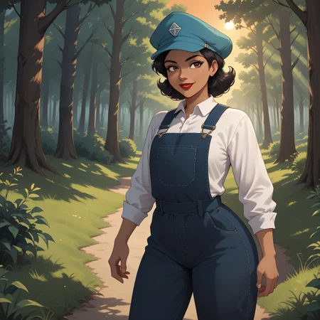score_9, score_8, BREAK, solo, black hair, cyan headwear, brown eyes, dark skin, dark skin female, red lips, lipstick, white shirt, long sleeves shirt, dark blue overalls, dark blue shoes, Audrey_Ramirez_(Atlantis), sexy pose, self portrait, smile, outdoors, sunlight, shadows, evening lighting, natural lighting, forest, trees, grass, orange sky, sunset