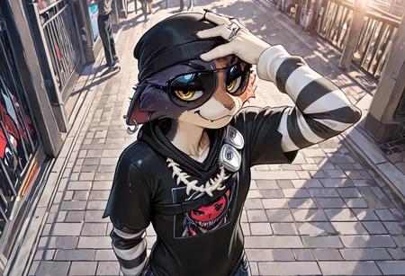 masterpiece, best quality, newest, absurdres, highres, furry, perfect anatomy, mxcaoxzz, multicolored_fur, striped sleeves, black hoodie with graphic, fish bone jewelry, tuna cans strap, denim, ripped jeans, fish bone keychain, sunglasses, eyewear, sunglasses over eyes, feline, cat, anthro, female, flat chest, solo, solo focus, looking at viewer, standing, smug, smiling, city, streets, sidewalk, sunlight, headshot, hand on head, shocker gesture, shocker, thumb and ring fingers down, middle index and pinky fingers up, 5 fingers, palm out, shockr, wiping sweat, 1girl, solo focus, solo,