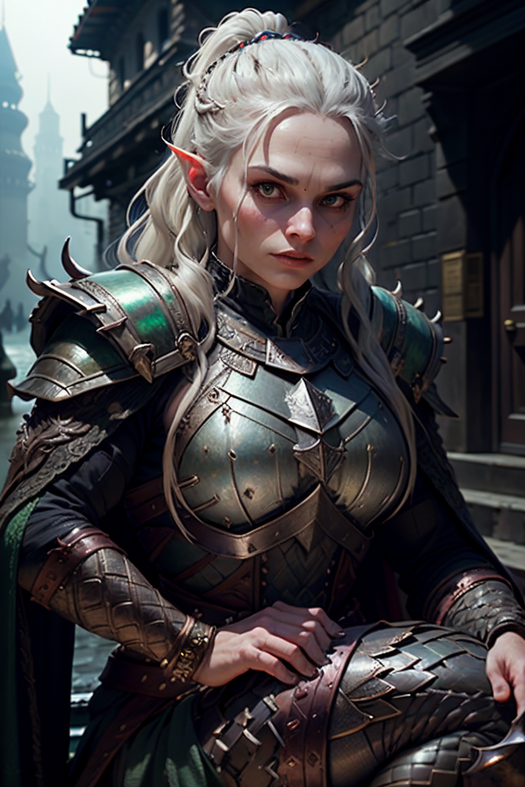 <lora:RPGLizardFolk:1> lizard folk:1.2 1girl side braid in ash blonde  with Emerald eyes  eyes  and Straight eyebrows , defender, knight protector, wearing intricate medium armor  holding Poisoned dagger wide angle, In a labyrinth of mirrors in a forgotten palace, where every reflection tells a different story, in background, realistic:1.2,  masterpeice, ultradetailed, intricate details, perfect quality, ultrashapr, ultradetailed, photorealistic, perfect shadows, profesional lights, realistic, blurry, boekh, masterpiece light works,depth of fiel, ultradetailed character, pefect quality, maximum quality, intricate details, detailed face  By jeremy mann, by sandra chevrier, by maciej kuciara, sharp, (perfect, body:1.1), realistic, real shadow, 3d, (dark castle background:1.2), (by Michelangelo), (profesional lights:1.3) (profesional photography:1.3), full body shoot, concept art of medieval rpg character,sitting with one leg pulled up and arms wrapped around it, looking down