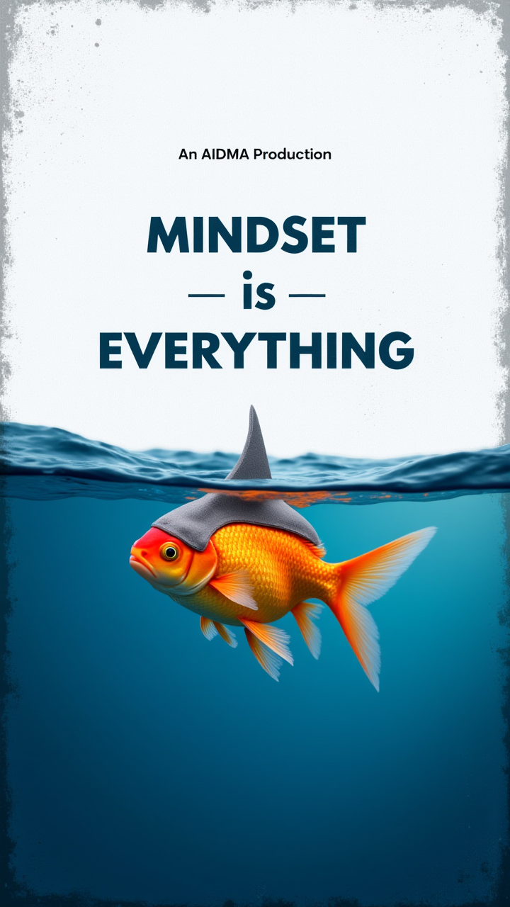 This image is a digitally created artwork featuring a humorous and whimsical concept. The central subject is a large, vibrant orange goldfish swimming in a body of water that is depicted in shades of blue, representing the ocean. The fish is wearing a gray shark fin, which is attached to its head,the fish swims so that only its shark fin looks out of the water,the fis The water is clear near the surface, with ripples and bubbles visible, but becomes more opaque as it deepens.   The background of the image is divided into two sections: the top half is a textured, distressed white, and the bottom half transitions into a gradient of deep blue, suggesting the depth of the ocean. Overlaid on the blue section is a bold, dark blue text that reads, "MINDSET IS EVERYTHING." The text is in a sans-serif font and is prominently displayed to emphasize the message of the artwork, a smaller text:"An AIDMA Production" on the top.  The overall style of the artwork is modern and visually striking, blending elements of realism with a playful, surreal twist. The textures and gradients create a sense of depth and movement, enhancing the humor and creativity of the concept. The combination of the goldfish, the shark fin, and the motivational message makes for a thought-provoking and entertaining piece.  aidmaImageupgrader, aidmahyperrealism, aidmatextimprover