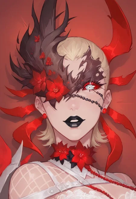 score_9, score_8_up, score_8, pretty girl, Emblaymir, looking at the spectator,(upper body),
fishnets, stitches, White eyes, one eye covered, earrings, lace, holding, gloves, red sclera, flower, eye patch, short hair,perfect eyes,black lipstick,
big boobs,lace outfit,flowers on stomach