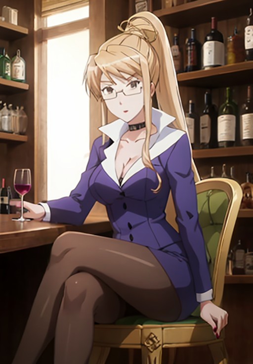 <lora:ShakugannoShana:1.0>, ShakugannoShana, Margery, solo, looking at viewer, skirt, ribbon, cleavage, medium breasts, sitting, collarbone, jacket, hair ribbon, pantyhose, indoors, miniskirt, nail polish, cup, legs, black pantyhose, alternate hairstyle, chair, formal, crossed legs, bottle, suit, side slit, alcohol, drinking glass, pencil skirt, aged up, head rest, brown pantyhose, glass, wine glass, stool, wine, skirt suit, bar (place)