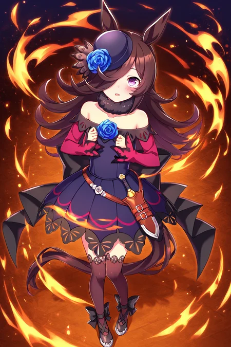 masterpiece,best quality,very aesthetic,absurdres,highres,newest,official art,official style,
1girl,solo,
rcs race,rice shower (umamusume),
animal ears,back bow,bangs,bare shoulders,belt,black bow,blue dress,blue flower,blue rose,
blush,brown hair,black legwear,brown thighhighs,collarbone,dagger,dress,dress bow,eyebrows visible through hair,
flipped hair,flower,fur choker,fur collar,hair flower,hair ornament,hair over one eye,
hat,hat flower,horse ears,horse girl,horse tail,knife,long hair,long sleeves,
off shoulder,off-shoulder dress,one eye covered,purple dress,purple eyes,purple headwear,rose,
sheath,sheathed,shoes,short dress,sleeves past wrists,tail,thigh-highs,thighhighs,
tilted headwear,very long hair,violet eyes,weapon,
eye_focus,<lora:eye_focus:1>,
standing,full body,
<lora:umamusume_rice_shower_ill_v1.0:1>,