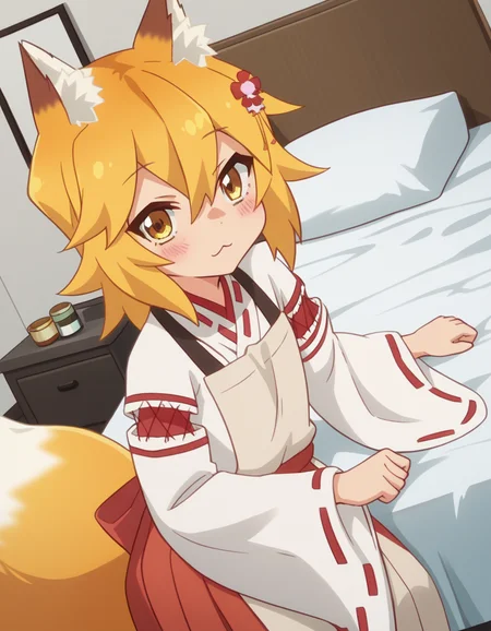 score_9, score_8_up, score_7_up, source_anime,
kitsunesenko, <lora:kitsune-senko-s1-ponyxl-lora-nochekaiser:1>,
senko, bangs, blonde hair, hair ornament, animal ears, hair between eyes, yellow eyes, flower, hair flower, animal ear fluff, fox ears, red flower, fox girl,
long sleeves, tail, japanese clothes, wide sleeves, kimono, apron, ribbon trim, hakama, hakama skirt, ribbon-trimmed sleeves, white kimono, miko, brown apron,
indoors, bed, bed room, on side, blush, drunk,
solo, dutch angle, looking at viewer, cowboy shot,