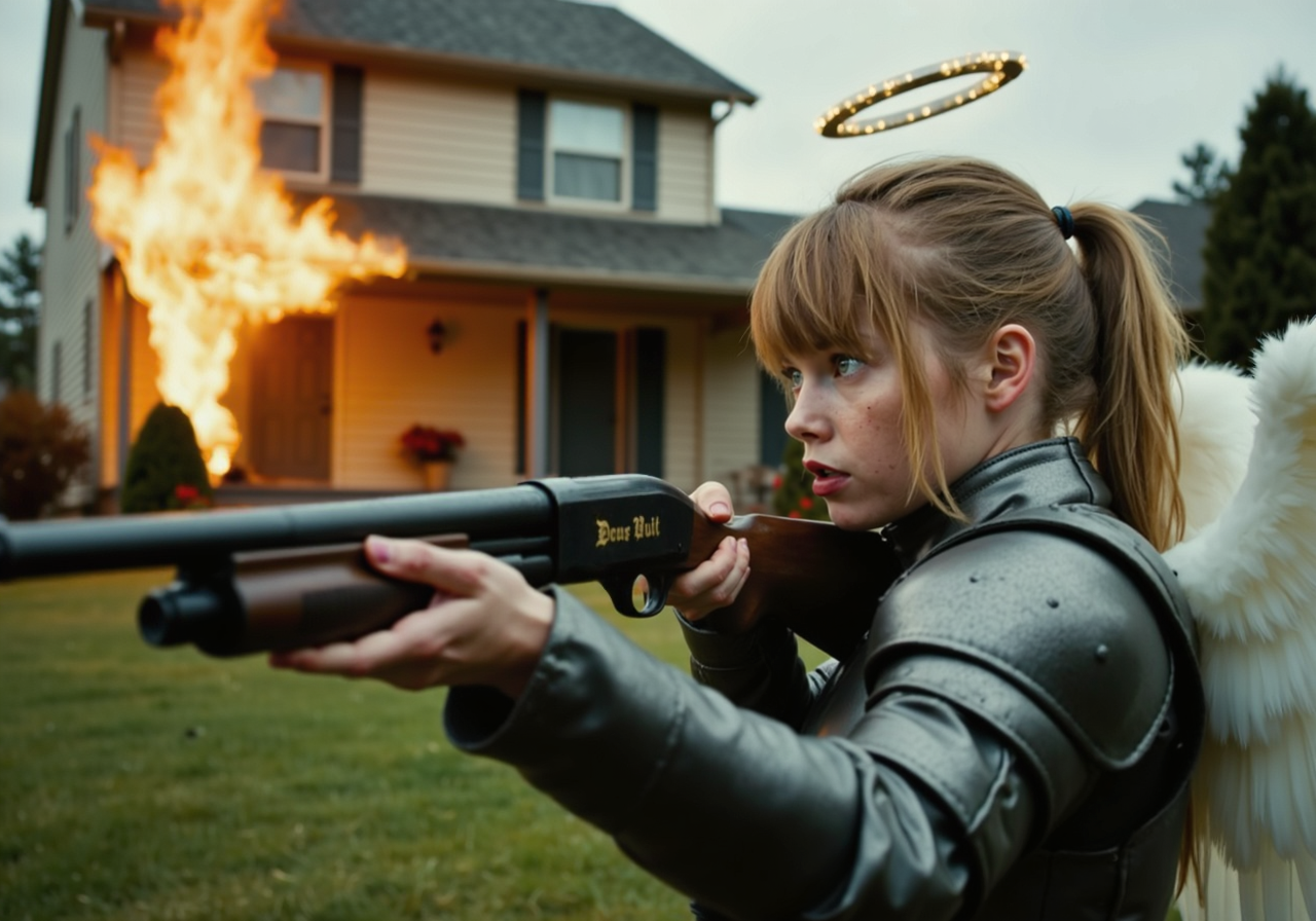 dramatic cinematic still side profile shot of an angel aiming Model870 pump action shotgun with golden text "Deus Vult" in Olde English font engraved it's matte black surface in the area the wooden furniture where she grips it, aimed at an unseen enemy, her bare hands gripping the wooden handguard and wooden stock braced against her shoulder, she has blonde ponytail haircut with bangs and she has white feather wings and a glowing halo levitating over her head and wears traditional knight's armor it's hard metal surfaces clean and without design, in an overcast suburban neighborhood with a residential house engulfed in flames behind her<lora:Model870-18.safetensors:1.0:1.0>