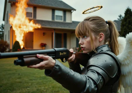 dramatic cinematic still side profile shot of an angel aiming Model870 pump action shotgun with golden text "Deus Vult" in Olde English font engraved it's matte black surface in the area the wooden furniture where she grips it, aimed at an unseen enemy, her bare hands gripping the wooden handguard and wooden stock braced against her shoulder, she has blonde ponytail haircut with bangs and she has white feather wings and a glowing halo levitating over her head and wears traditional knight's armor it's hard metal surfaces clean and without design, in an overcast suburban neighborhood with a residential house engulfed in flames behind her<lora:Model870-18.safetensors:1.0:1.0>