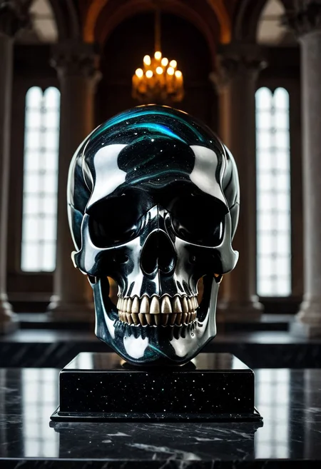 Fujifilm XT3, Sony A7 IV, (award winning photography) a black marble skull made of opal set on a pedestal in temple, glistening. in the background beautiful pillars, divine (iridescent: 0.79), opalescent textures, volumetric light, ethereal, sparkling, studio photo, highly detailed, sharp focus (highest quality: 1.39) (highest coherency: 1.39) (award winning photography), highly detailed photography, (muted colors, cinematic, dim colors, soothing tones:1.2), vibrant, insanely detailed, hyperdetailed, (dark shot:1.2), (vsco:0.3), (intricate details:0.9), (hdr, hyperdetailed:1.2) (vignette), sss