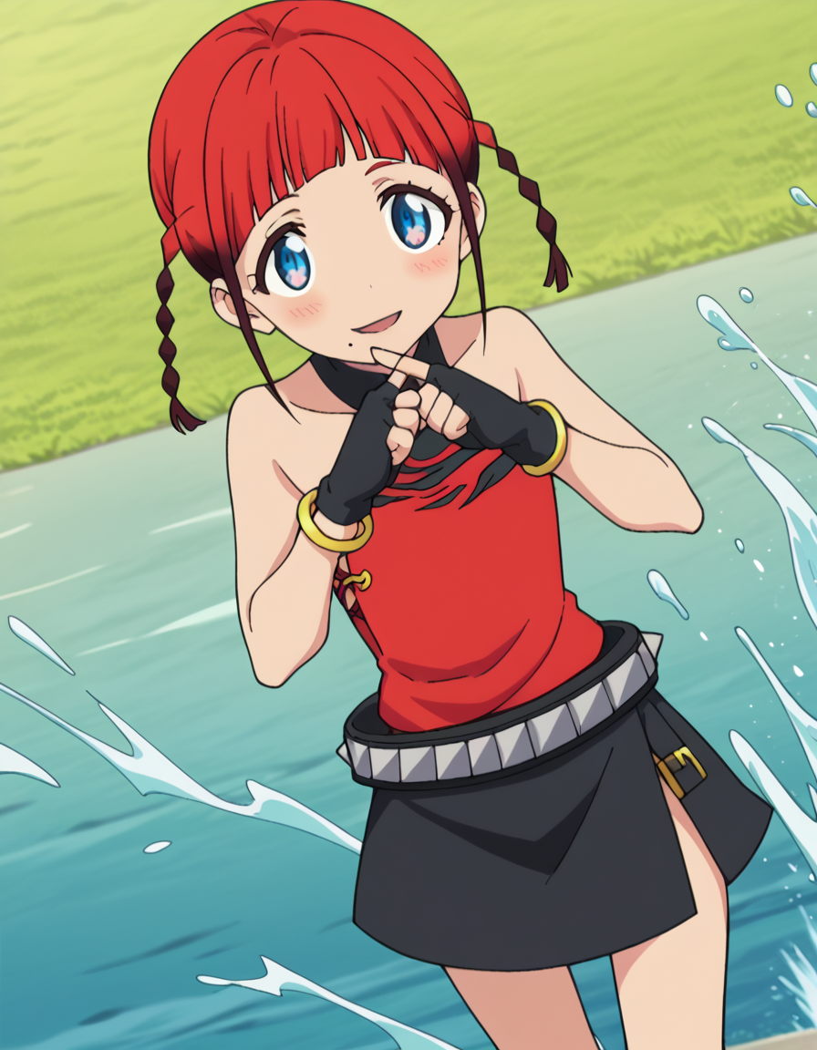 score_9, score_8_up, score_7_up, source_anime, <lora:chise-asukagawa-s1-ponyxl-lora-nochekaiser:1>, chise asukagawa, short hair, blue eyes, braid, red hair, multicolored hair, mole, twin braids, gradient hair, mole under mouth, anime screencap,, skirt, gloves, bare shoulders, jewelry, belt, fingerless gloves, bracelet, sleeveless, red shirt, black skirt,, waterpark, slides, splash, fun, people, smile, <lora:x-fingers-ponyxl-lora-nochekaiser:1>, x fingers, blush, parted lips,, looking at viewer, solo,, dutch angle, cowboy shot