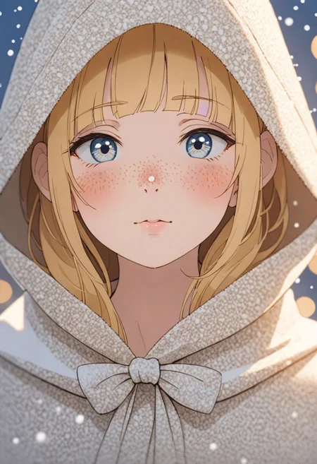 (Blondie:1.0),photograph of a cute adult girl, blonde hair, pale skin, freckles, blush, innocent, petite and youthful face, silver blue eyes, wearing a cloak, city christmas festival, snowfall, Porta 160 color, shot on ARRI ALEXA 65, bokeh, sharp focus on subject, shot by Don McCullin, nsfw, (natural skin texture, hyperrealism, soft light, sharp), (perfect round eyes:1.3), Capture the essence of her beauty, Enrich the composition with soft, diffused natural light that accentuates the textures and colors, creating a timeless and culturally rich image, EyeDetail-SDXL, fFaceDetail-SDXL