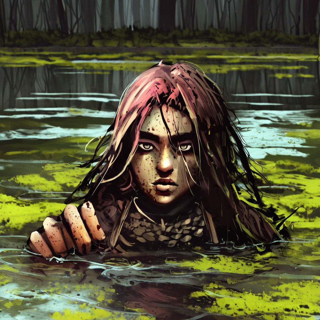 A female knight fighting medusa in a swamp ,oil paint, brush stroke, canvas texture,