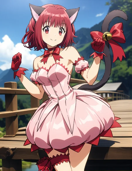 1girl, solo,  <lora:sdxl-lyco-mew_ichigo-remake-animagine_xl_3_1-v1:1>, mew_ichigo_remake, tail bow, gloves, cat tail, red gloves, tail bell, choker, detached sleeves,pink dress, strapless, relaxed posture, elbows extended, standing,  ,,smile, best quality, very aesthetic, ultra-detailed, intricate details, 4k,BREAK  on a wooden bridge