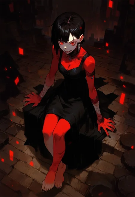 score_9, score_8_up, score_7_up, score_6_up, score_5_up, 1girl, solo, pale skin, red eyes, black hair, bangs, cleavage, 2 fangs, view from above, earrings, legs, feet, stone floor, black nails, hands, sitting, legs, feet, sexy legs, black dress, red trimming,
city, night,