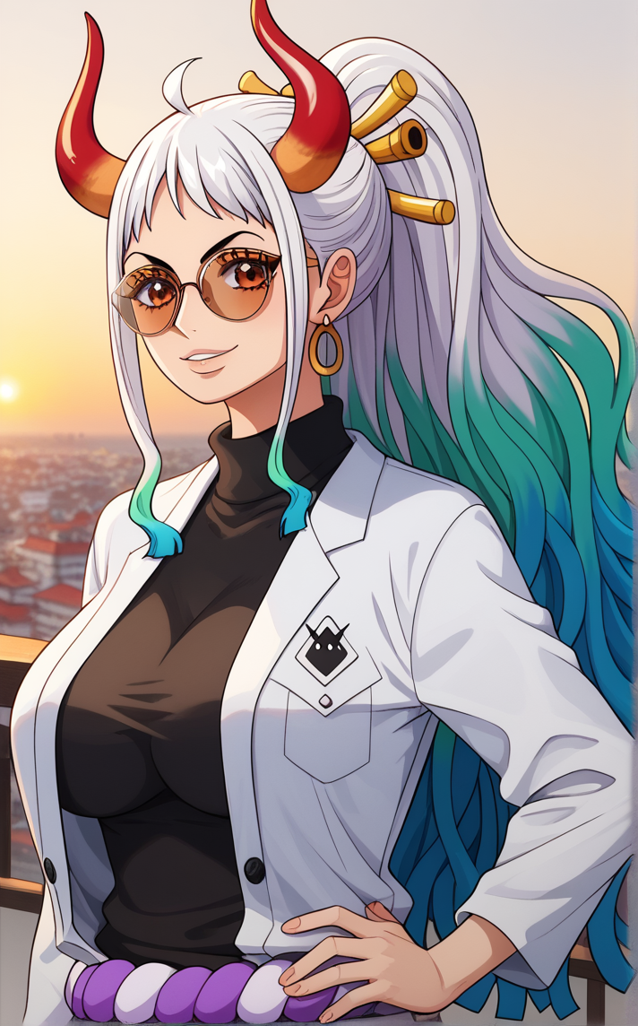 score_9, score_8_up, score_7_up, contrapposto, hand on hip, sunset, sidelighting, cityscape, vanishing point, outdoors, depth of field, solo, looking at viewer,   <lora:ONEPIECE_Yamato_ownwaifu:1>, BREAK Glasses_Yamato_ownwaifu, 1girl, aqua hair, brown eyes, curled horns, gradient hair, green hair, hoop earrings, jewelry, long hair, multicolored hair, multicolored horns, oni, red horns, sidelocks, sunglasses, turtleneck, two-tone hair, white hair, yamato (one piece),  black shirt, blue hair, contemporary, high ponytail, large breasts, long sleeves, open clothes, open jacket, sweater, white jacket, glasses, ponytail, round eyewear, shirt,<lora:Expressive_H:0.15> <lora:add-detail-xl:0.15>,