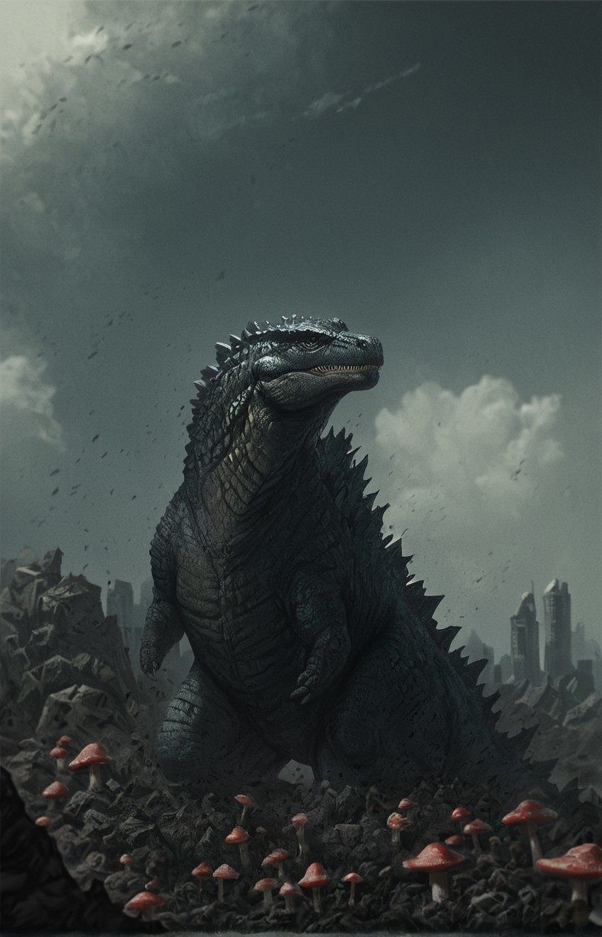 score_9, score_8_up, score_7_up, solo, portrait, from side, 1man, giant dinosaur reptilian monster slender Godzilla, spines, feral, realistic scales, detailed scale texture, solo, outdoors, rubble and debris, mushroom cloud in the background, small city debris in the background, solo, full body, solo, extremely detailed, Macro detailed realism style photograph, 3DMM