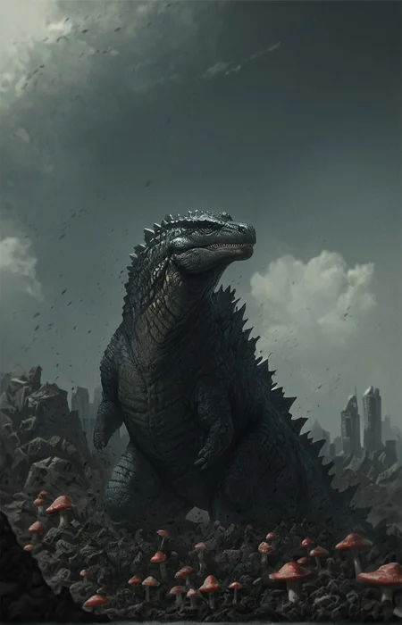 score_9, score_8_up, score_7_up, solo, portrait, from side, 1man, giant dinosaur reptilian monster slender Godzilla, spines, feral, realistic scales, detailed scale texture, solo, outdoors, rubble and debris, mushroom cloud in the background, small city debris in the background, solo, full body, solo, extremely detailed, Macro detailed realism style photograph, 3DMM