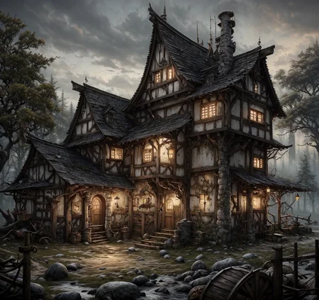 RAW photo, (masterpiece:1.3), subsurface scattering, heavy shadow, (high quality:1.4), (intricate, high detail:1.2), professional photography, HDR, High Dynamic Range, realistic, ultra realistic, photorealistic, high resolution, film photography, ambient lighting, atmospheric effects, <lora:detail_slider_v4:2>, OverallDetail, <lora:CrossroadsInn:1>, 3boys, ambiguous gender, antique firearm, bare tree, bird, blonde hair, blue sky, bridge, building, cart, chimney, cobblestone, crossinn, door, east asian architecture, fantasy, fence, forest, from behind, garden, gate, grass, grey sky, house, ladder, lamppost, landscape, lantern, log, night sky, no humans, open window, outdoors, pier, plant, railing, river, scenery, shirt, stairs, traditional media, tree stump, vines, water, wide shot, window, wooden fence, <lora:storybook_last:1.2>