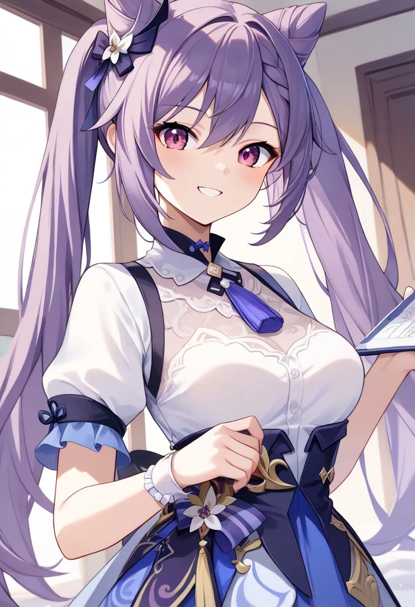 score_9, score_8_up, score_7_up, source_anime, best quality, masterpiece, 1girl, solo, smile. dutch angle, indoors,
keqingcs, purple hair, cone hair bun, purple eyes, long hair, double bun, braid, twintails,