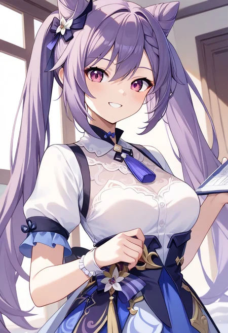 score_9, score_8_up, score_7_up, source_anime, best quality, masterpiece, 1girl, solo, smile. dutch angle, indoors,
keqingcs, purple hair, cone hair bun, purple eyes, long hair, double bun, braid, twintails,
