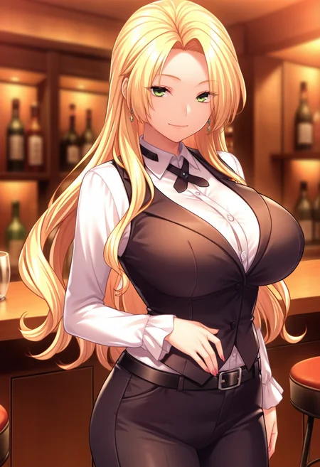 masterpiece, best quality, amazing quality,haruka azuma, green eyes, blonde hair, long hair, mature female, 1girl, breasts, solo,large breasts,closed mouth, light smile, black vest, collared shirt, white shirt,black cross tie, long sleeves, black belt, black pants, cowboy shot, standing, looking at viewer, indoors, bar \(place\), bartender, night, blurry background<lora:haruka azumaV1:0.8>