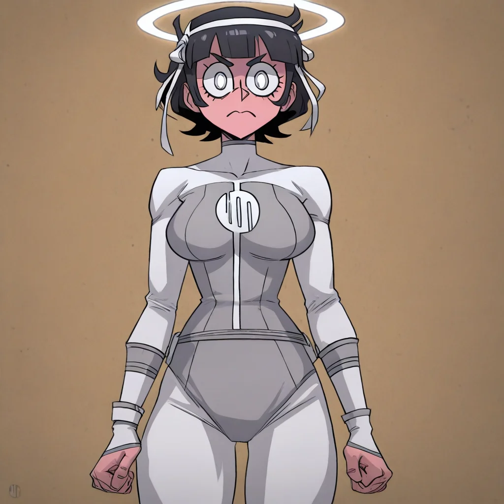 masterpiece, best quality, newest, absurdres, highres, anime, anime style, VILTFit-V1.0-Withemblem, VILTemblem-V1.0, bodysuit, white bodysuit, 1girl, azazel_(helltaker), short hair, black hair, halo,