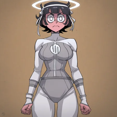 masterpiece, best quality, newest, absurdres, highres, anime, anime style, VILTFit-V1.0-Withemblem, VILTemblem-V1.0, bodysuit, white bodysuit, 1girl, azazel_(helltaker), short hair, black hair, halo,